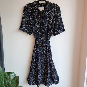 Navy Polka Dot Belted Midi Dress Made in Canada - Sz 14